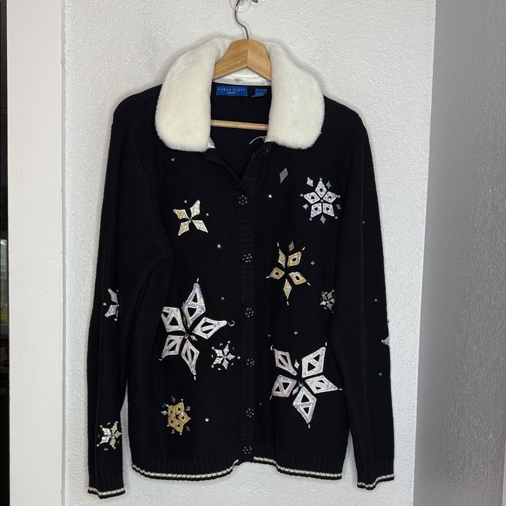 Karen Scott Black Snowflake Embroidered Holiday Knit Cardigan Removable Faux Fur